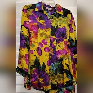 NWT European Luxury Silk Long Sleeve Button-Up Top, Vibrant Floral Womens Size L
